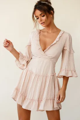 Albany Lace Up Back Frill Dress Shirred Beige