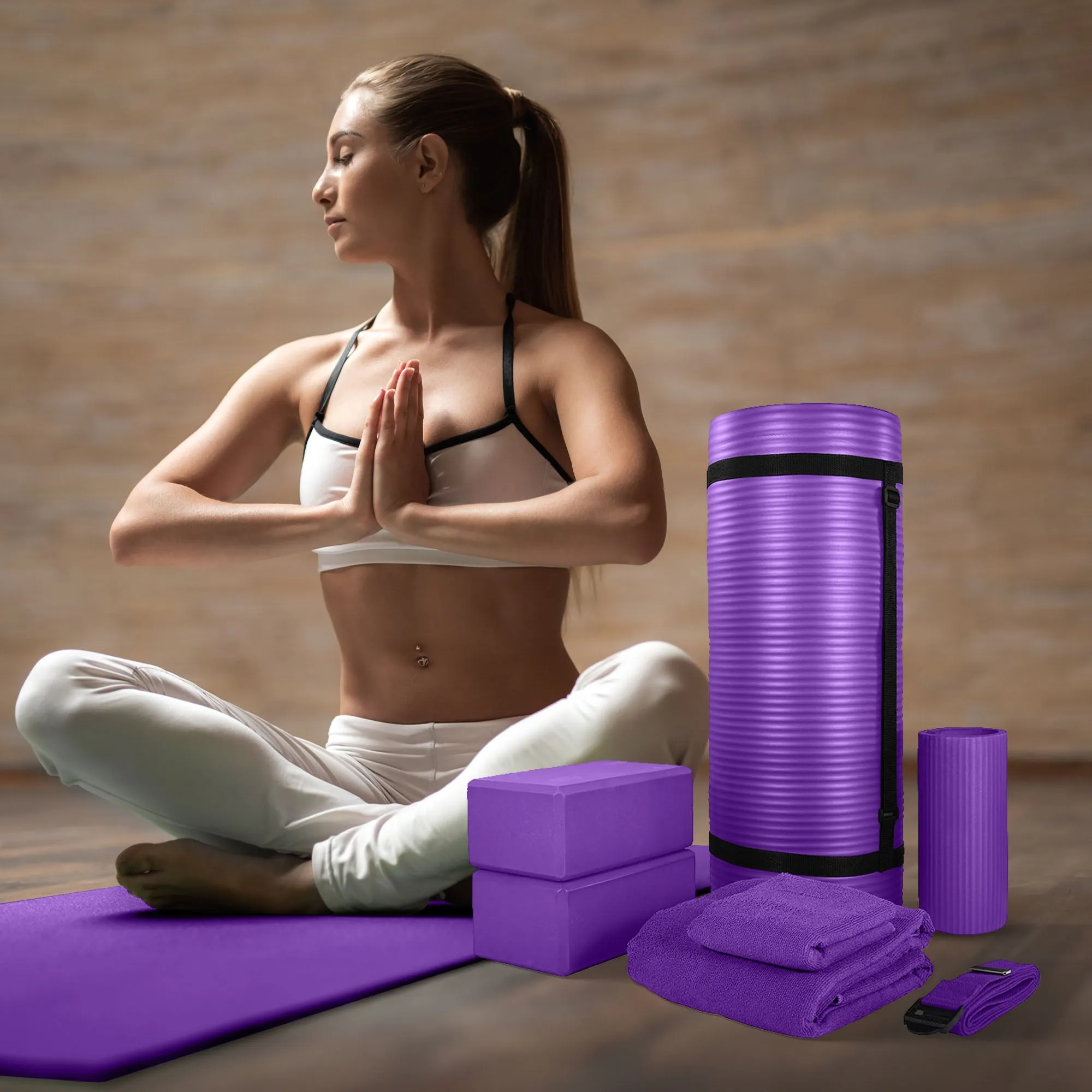 BalanceFrom Fitness 7 Piece Yoga Set with Mat, Stretch Strap, & Knee Pad, Purple