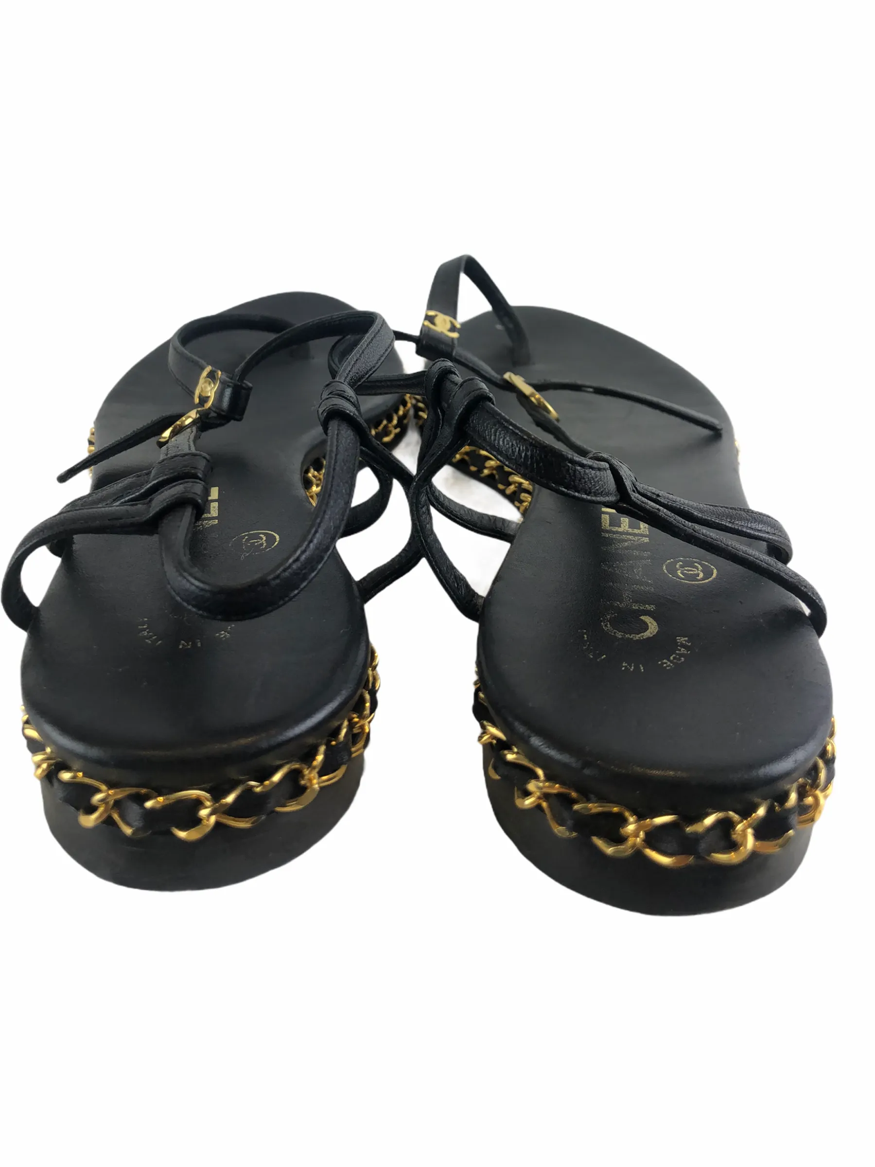 Chanel Black Leather Sandals with Goldtone Chain Trim - UK 5.5 - As seen on Instagram 24/03/21