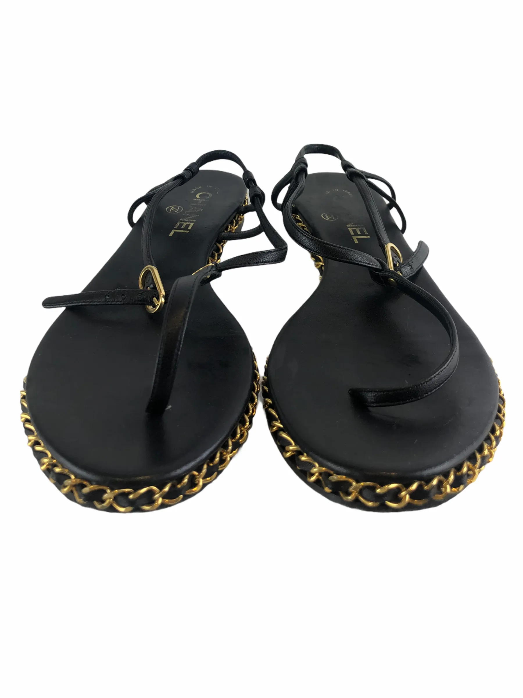 Chanel Black Leather Sandals with Goldtone Chain Trim - UK 5.5 - As seen on Instagram 24/03/21