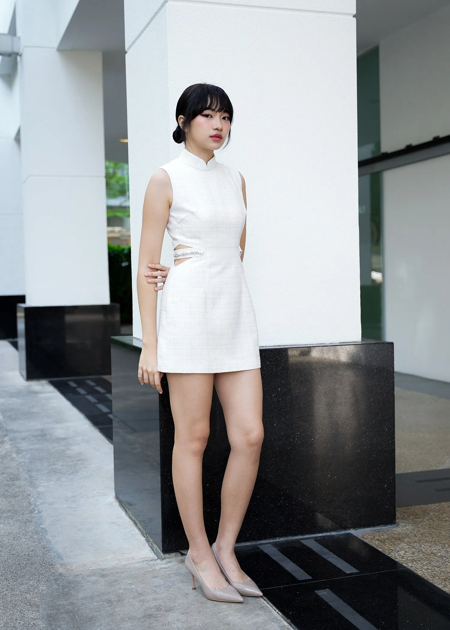 Gardenia Tweed Cut-out Mini Qipao (White) - RTW