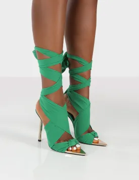 Huni Green Ribbon Tie Up Gold Stiletto Heels