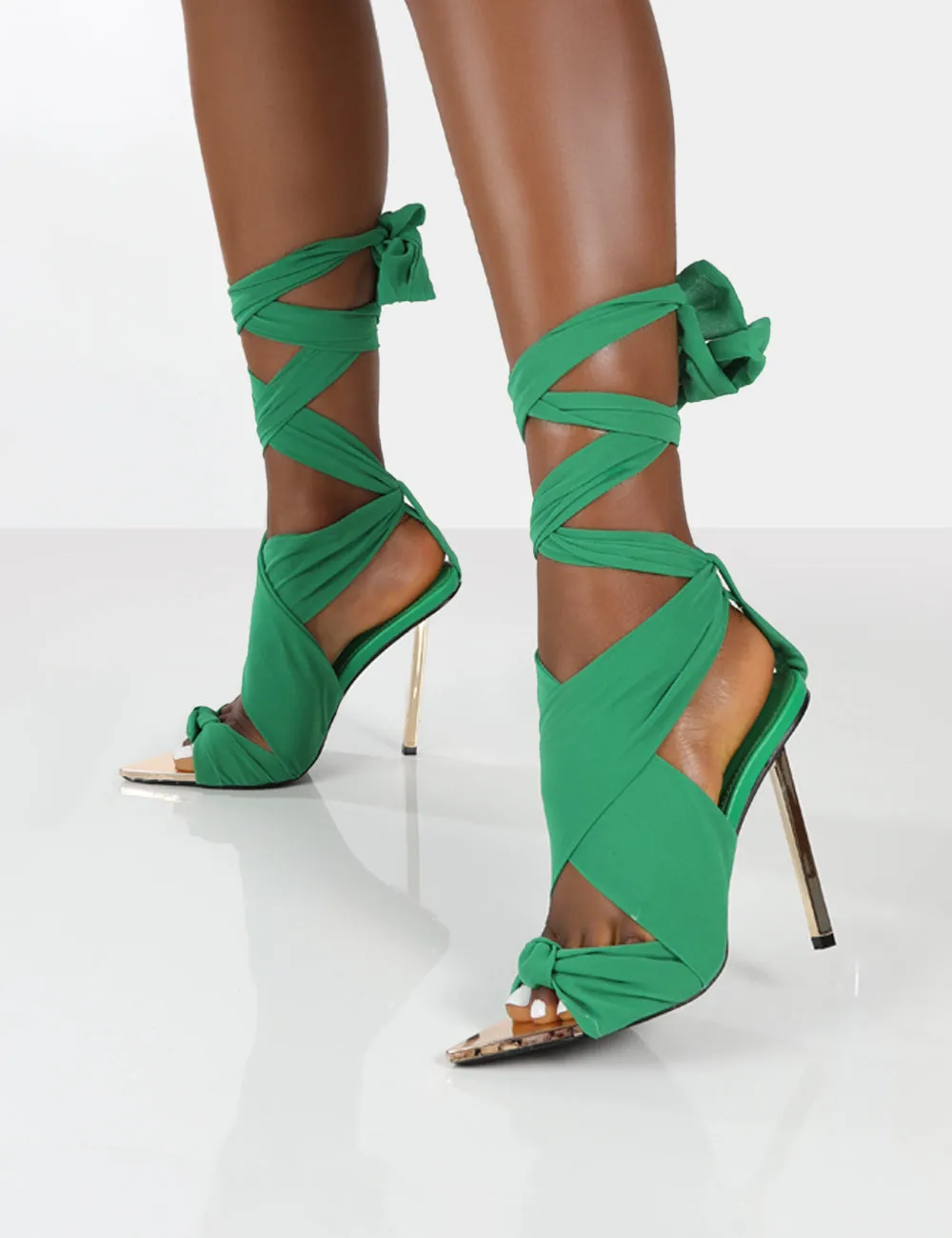 Huni Green Ribbon Tie Up Gold Stiletto Heels