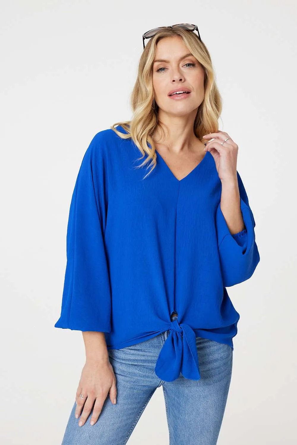 Knot Front Relaxed 3/4 Sleeve Blouse