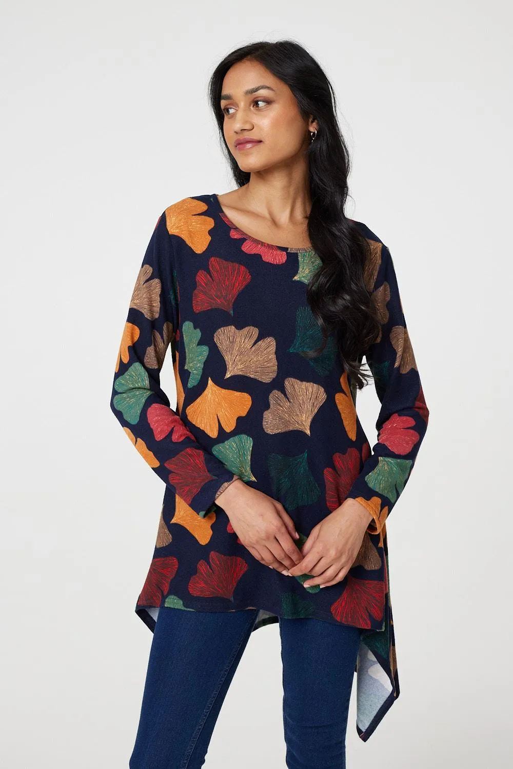 Leaf Print High Low Tunic Top