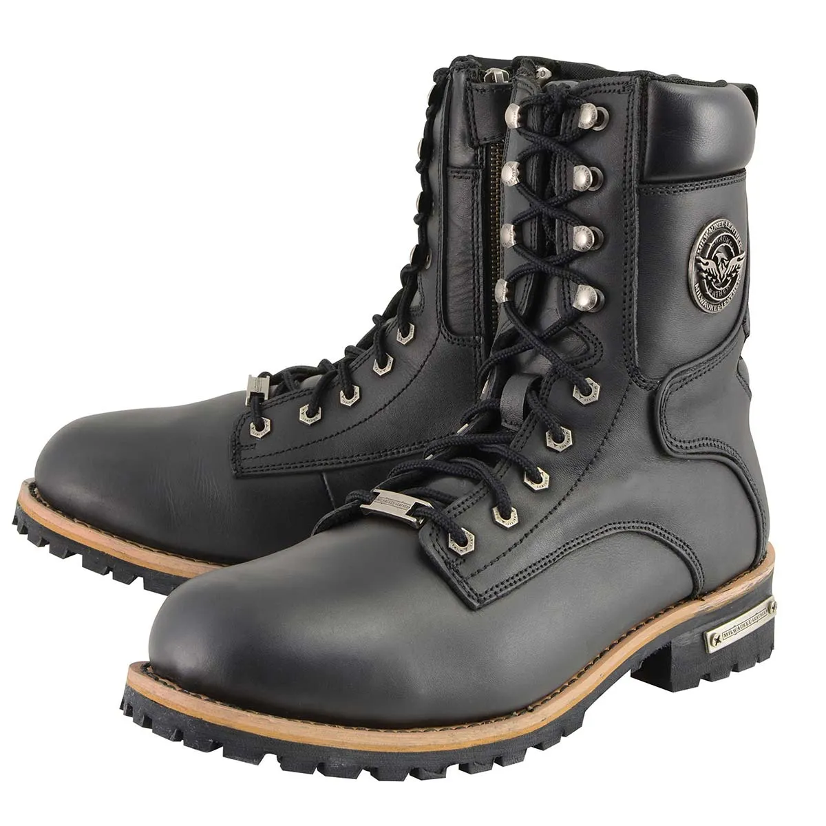 Milwaukee Leather MBM9095W Men's Classic Black ‘Wide Width’ Lace-Up Logger Boots with Side Zipper