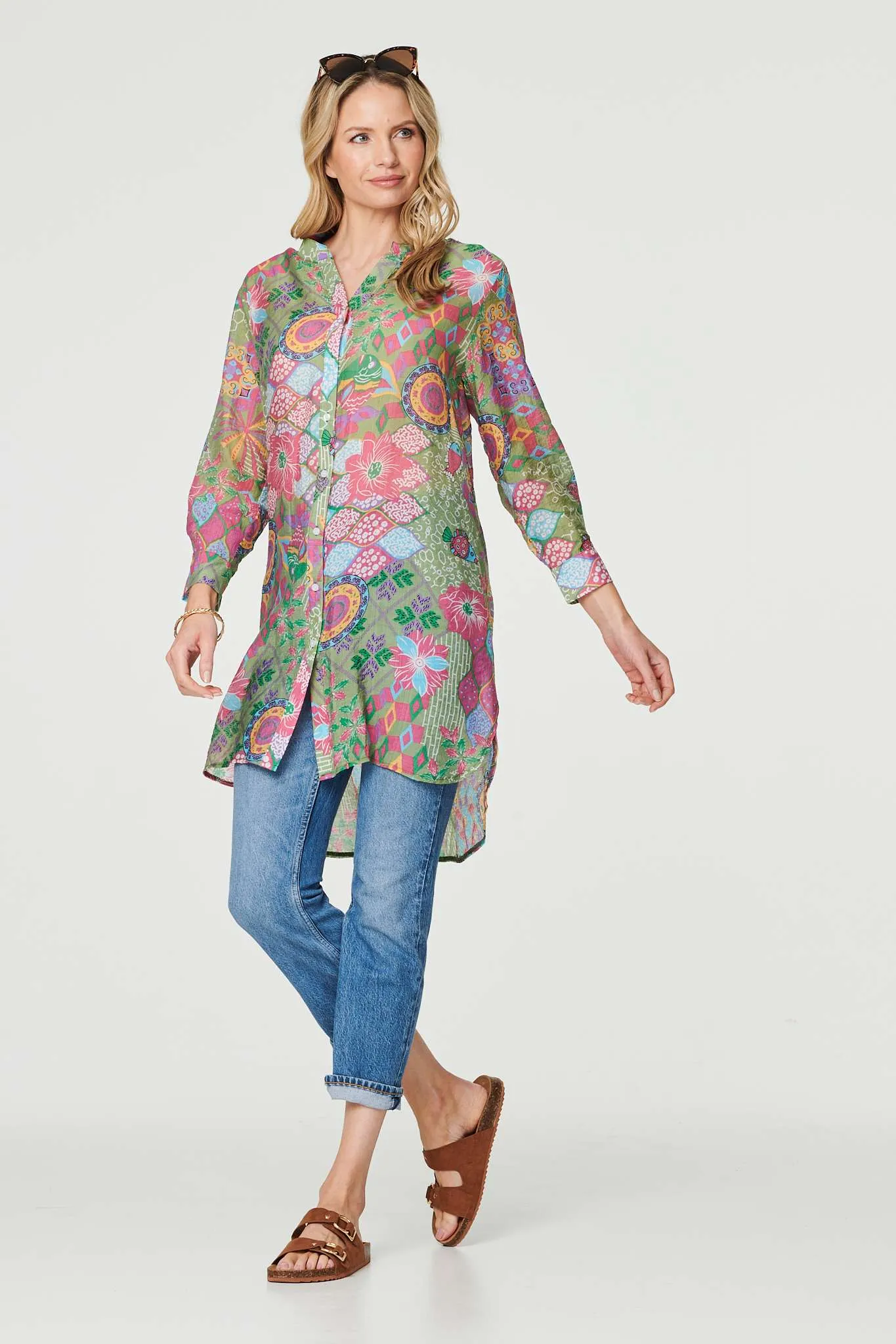 Printed Semi Sheer Longline Blouse