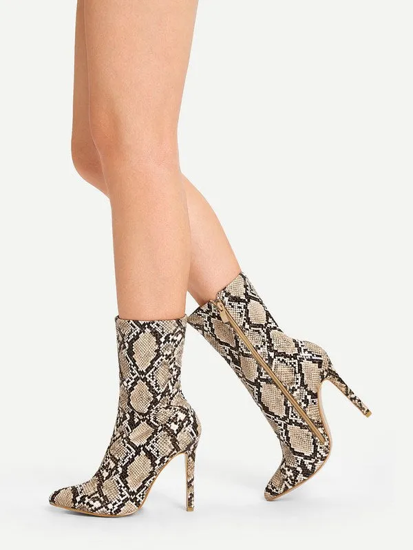 Snakeskin Side Zipper Stiletto Boot