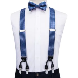 Solid Blue Dots Suspender Bow Tie Handkerchief Cufflinks Set