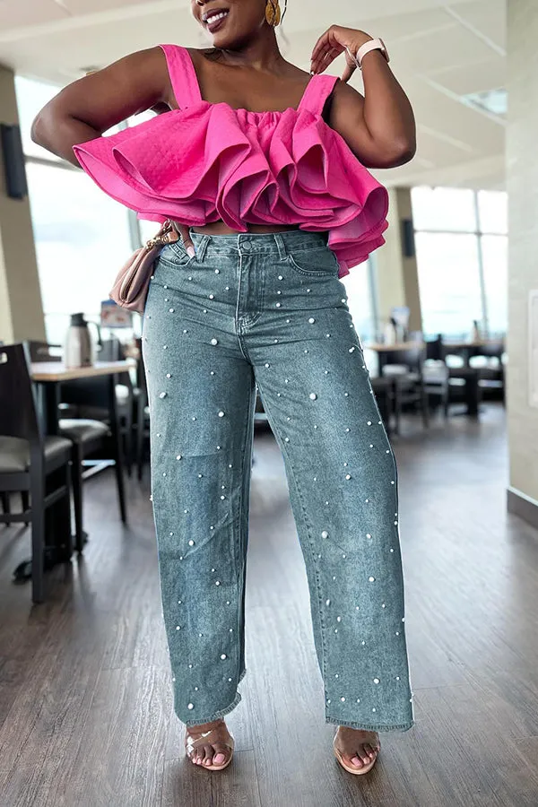 Stylish Pearl Detail Straight Leg Jeans