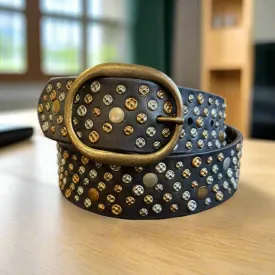 Women's Full Grain Leather Belt with Studs and Oval Buckle