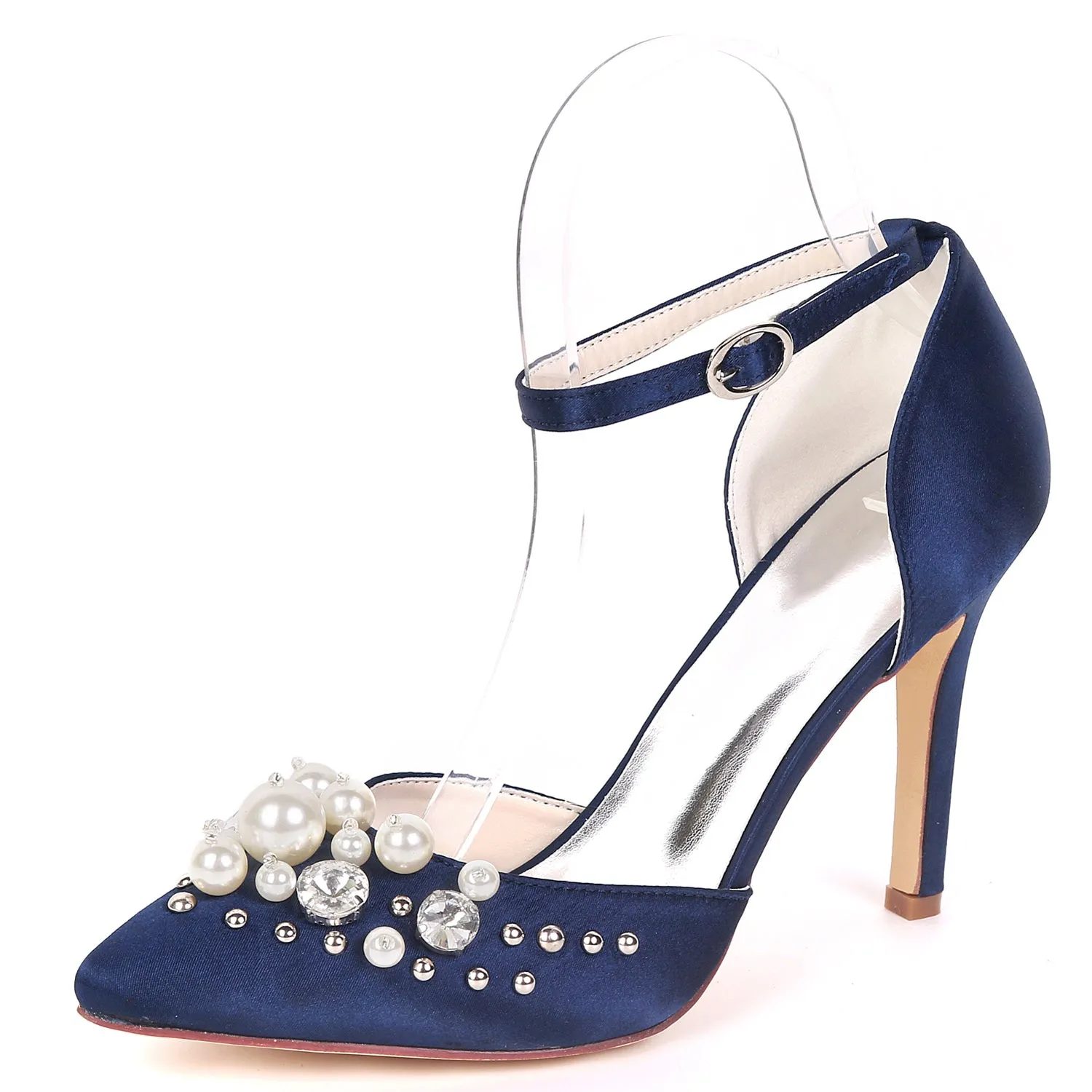 Women's Satin Stiletto Heel Pumps With Pearl Wedding Shoes Bridal Shoes